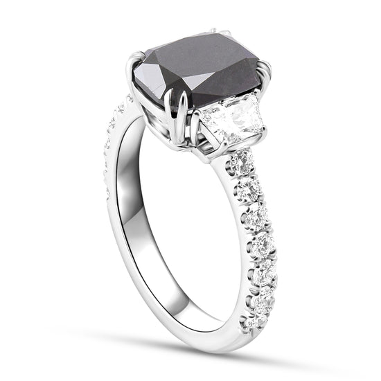 Fancy Black Cushion & Trapezoid Diamond Side-Stone Ring