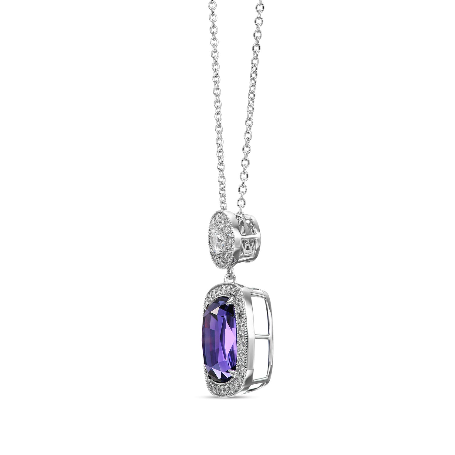 Blue Cushion Tanzanite, Drop Diamond Halo Pendant