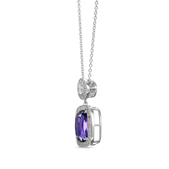 Blue Cushion Tanzanite, Drop Diamond Halo Pendant
