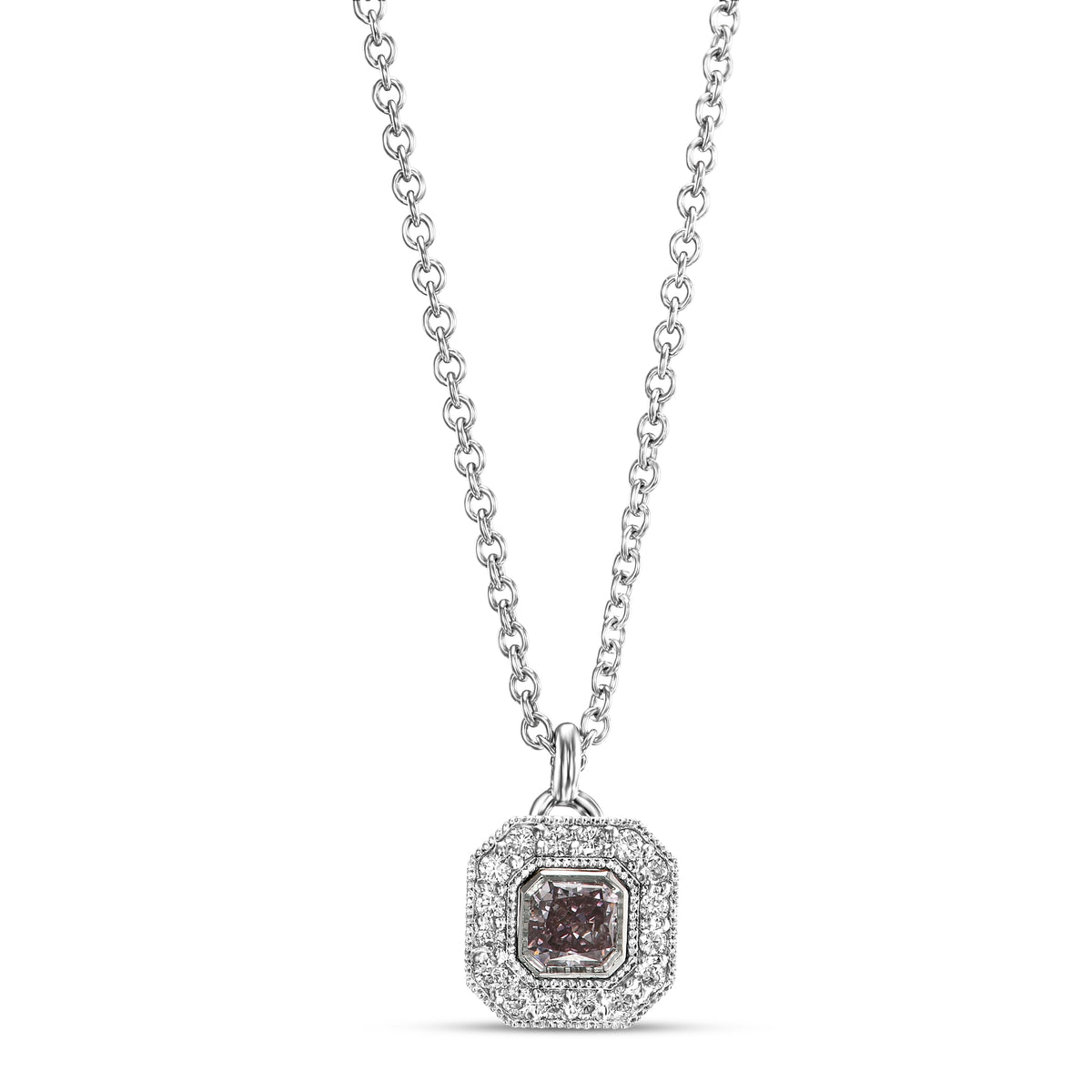 Fancy Intense Pink Purple Radiant Diamond Halo Pendant 