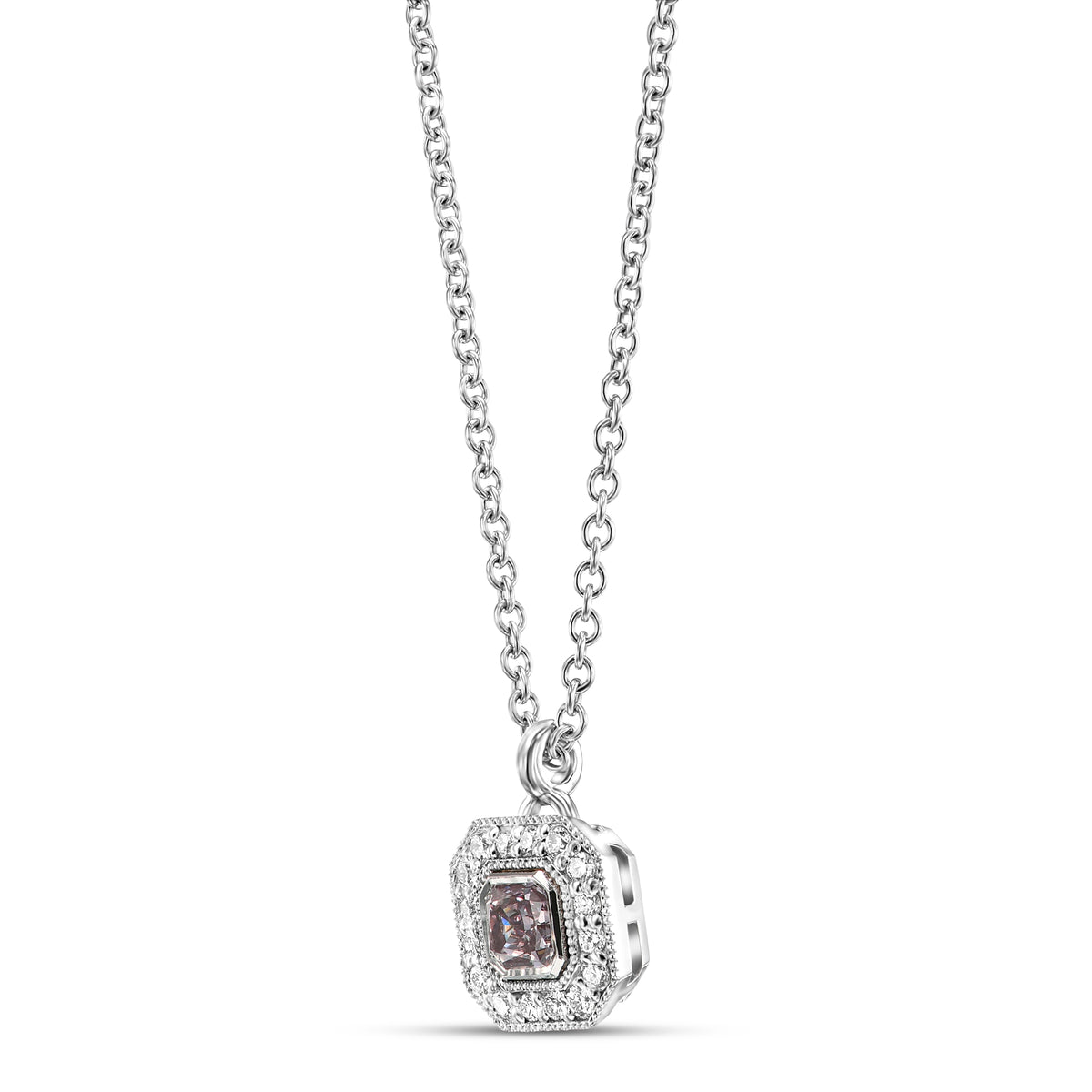Fancy Intense Pink Purple Radiant Diamond Halo Pendant 