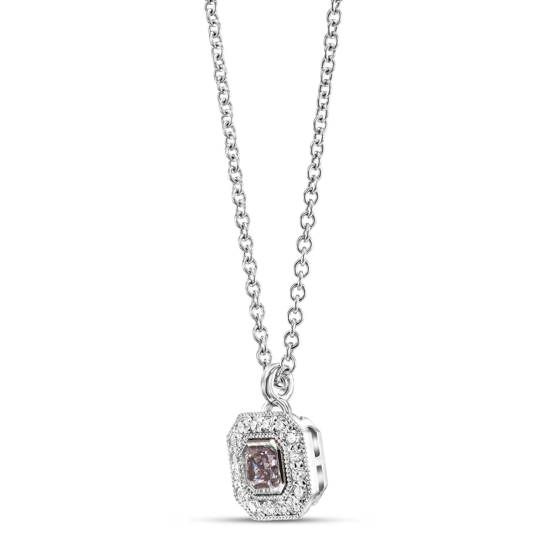 Fancy Intense Pink Purple Radiant Diamond Halo Pendant 