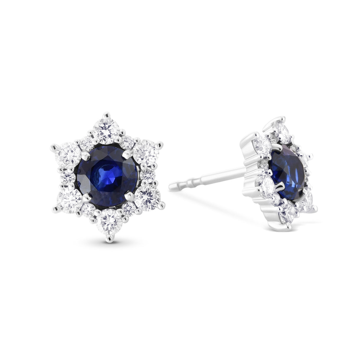 Blue Round Sapphire & Diamond Halo Earrings