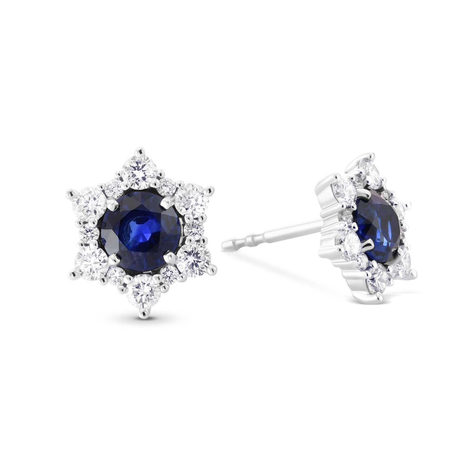 Blue Round Sapphire & Diamond Halo Earrings
