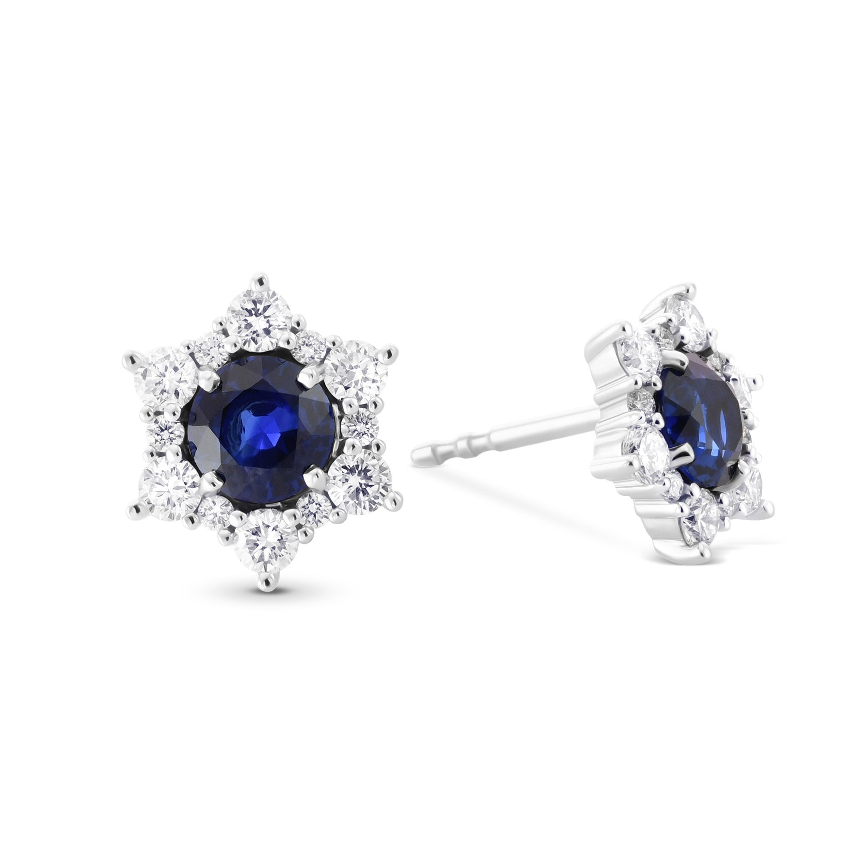 Blue Round Sapphire & Diamond Halo Earrings