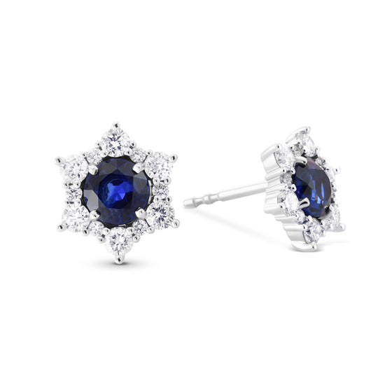 Blue Round Sapphire & Diamond Halo Earrings
