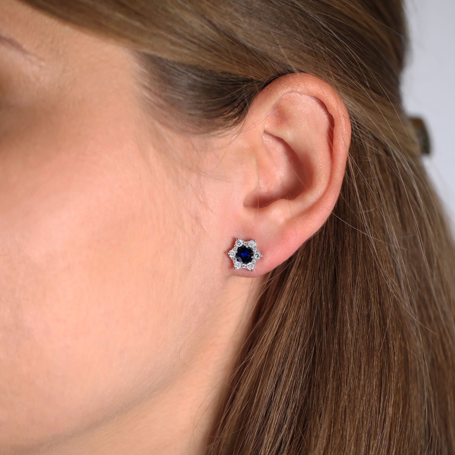 Blue Round Sapphire & Diamond Halo Earrings