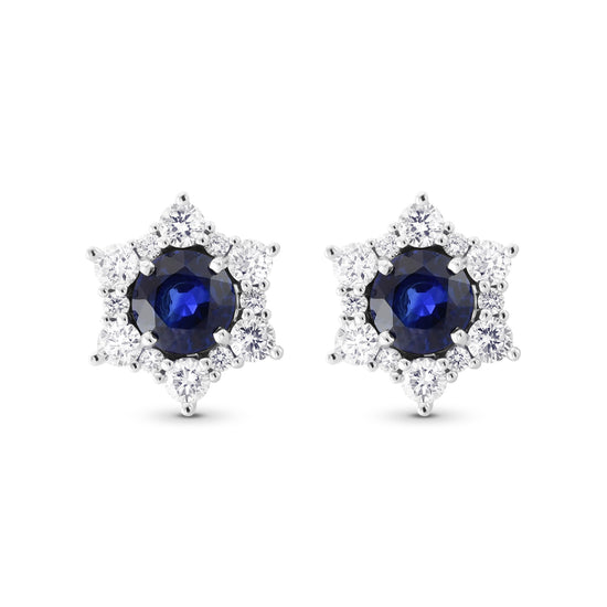 Blue Round Sapphire & Diamond Halo Earrings