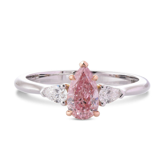 Fancy Intense Pink Pear & Diamond Three-stone Ring