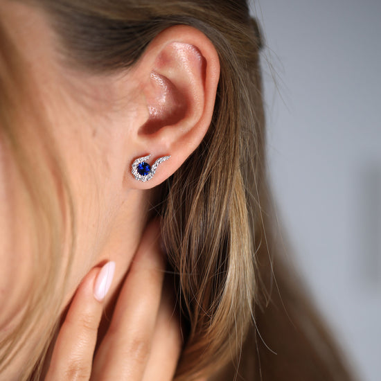 Round Blue Sapphire and Diamond Halo Earrings