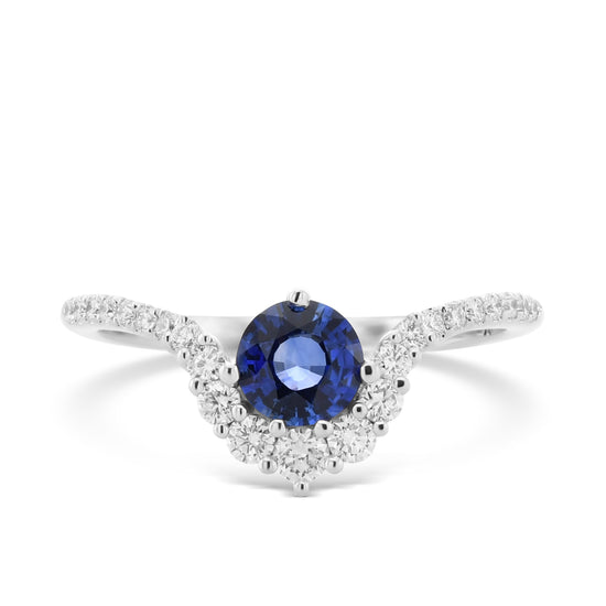 Blue Round Sapphire & Diamond Halo Ring