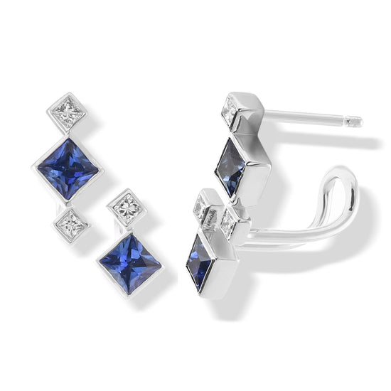 Princess Blue Sapphire and Diamond Drop Bezel Earrings
