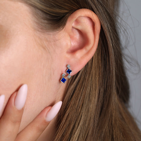Princess Blue Sapphire and Diamond Drop Bezel Earrings