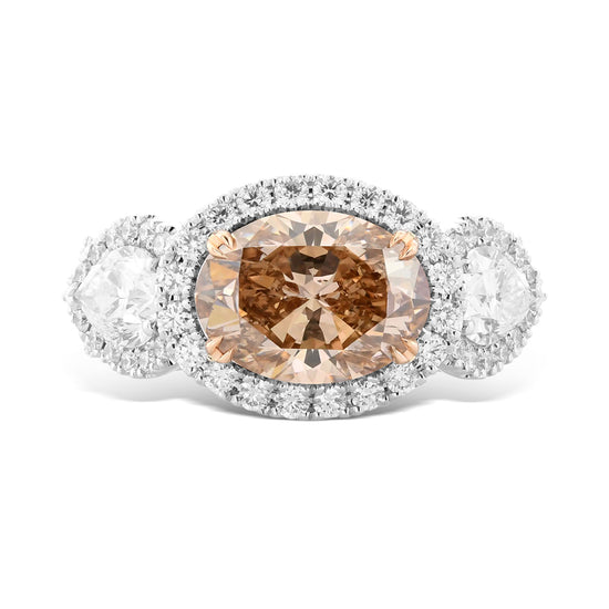 Fancy Brown Orange Oval & Pear Diamond Side-stone Vintage Ring