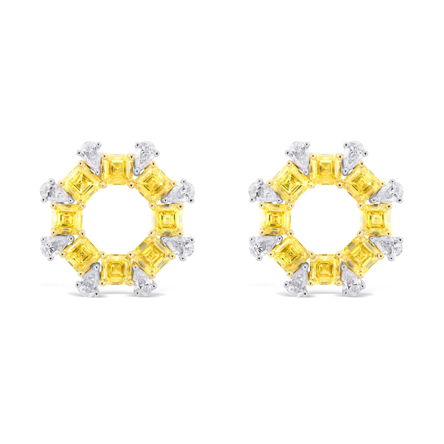 Fancy Intense Yellow Asscher and Pear Diamond Earrings