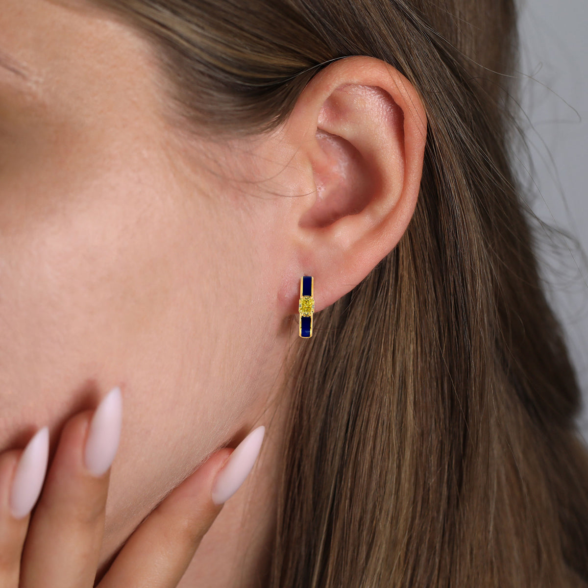 Radiant Fancy Yellow Diamond and Blue Enamel Hoop Earrings