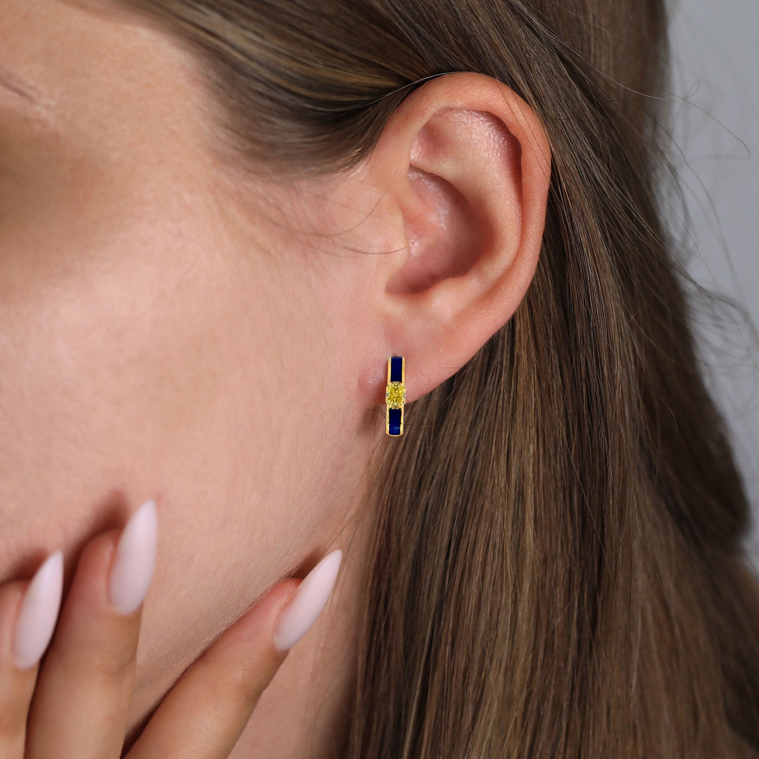 Radiant Fancy Yellow Diamond and Blue Enamel Hoop Earrings