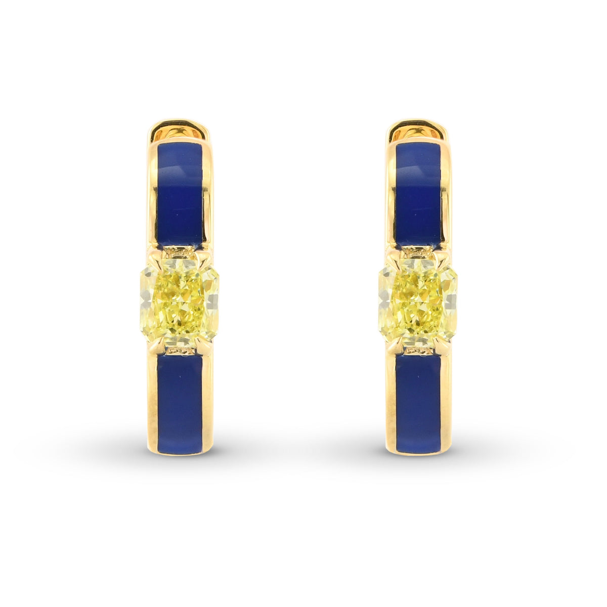 Radiant Fancy Yellow Diamond and Blue Enamel Hoop Earrings