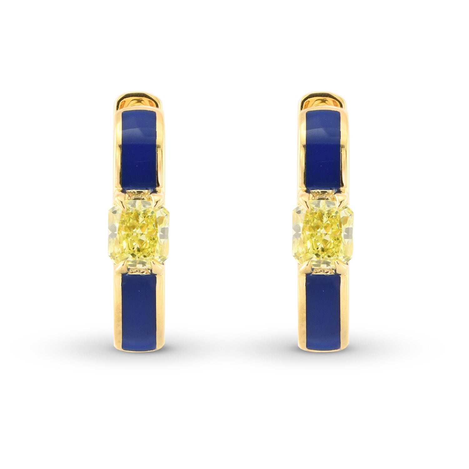 Radiant Fancy Yellow Diamond and Blue Enamel Hoop Earrings