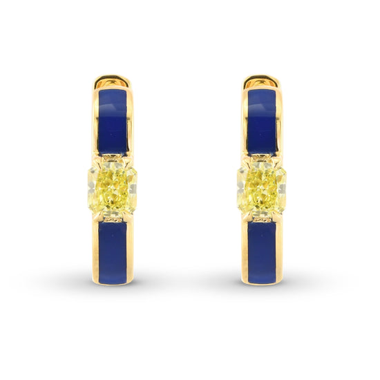 Radiant Fancy Yellow Diamond and Blue Enamel Hoop Earrings