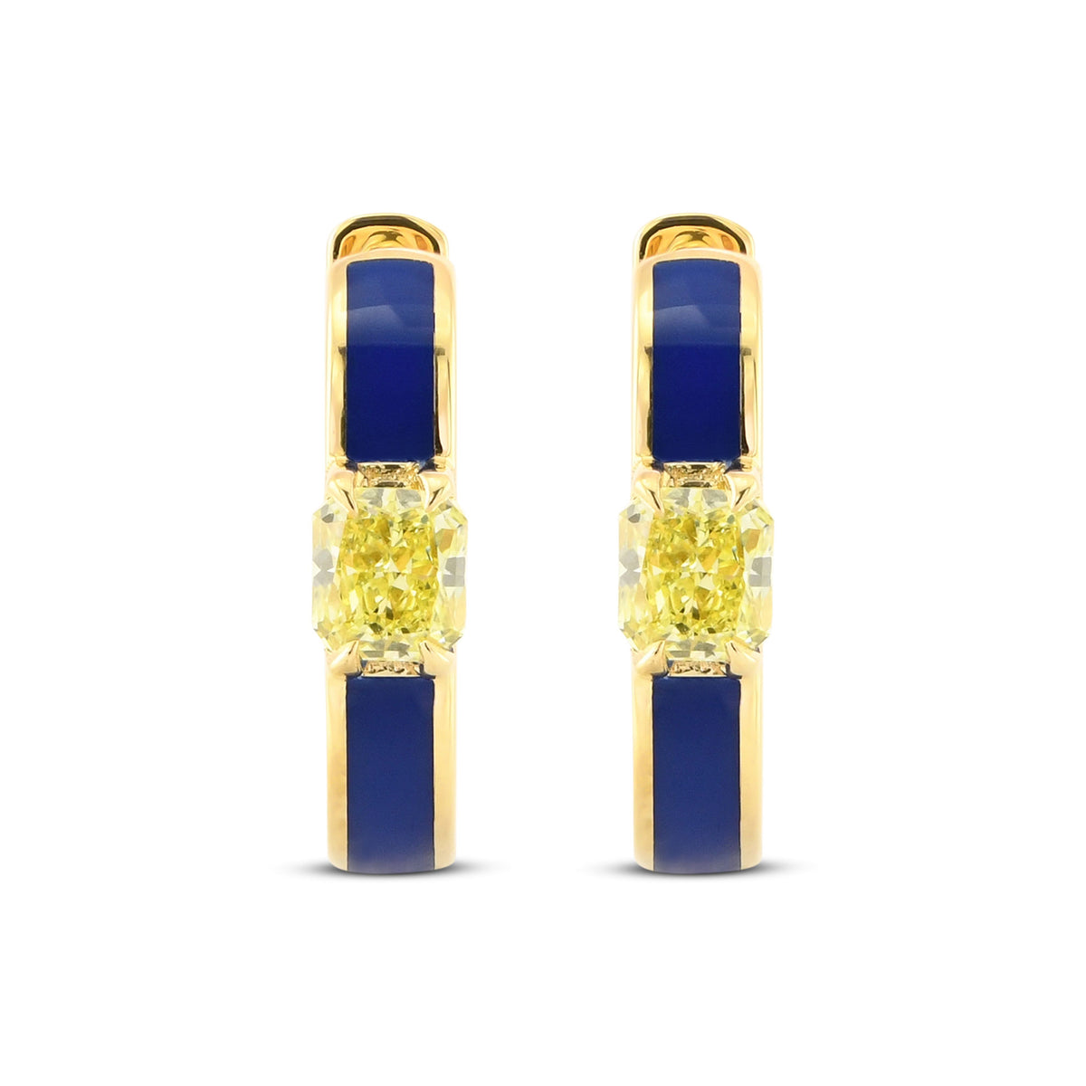 Radiant Fancy Yellow Diamond and Blue Enamel Hoop Earrings