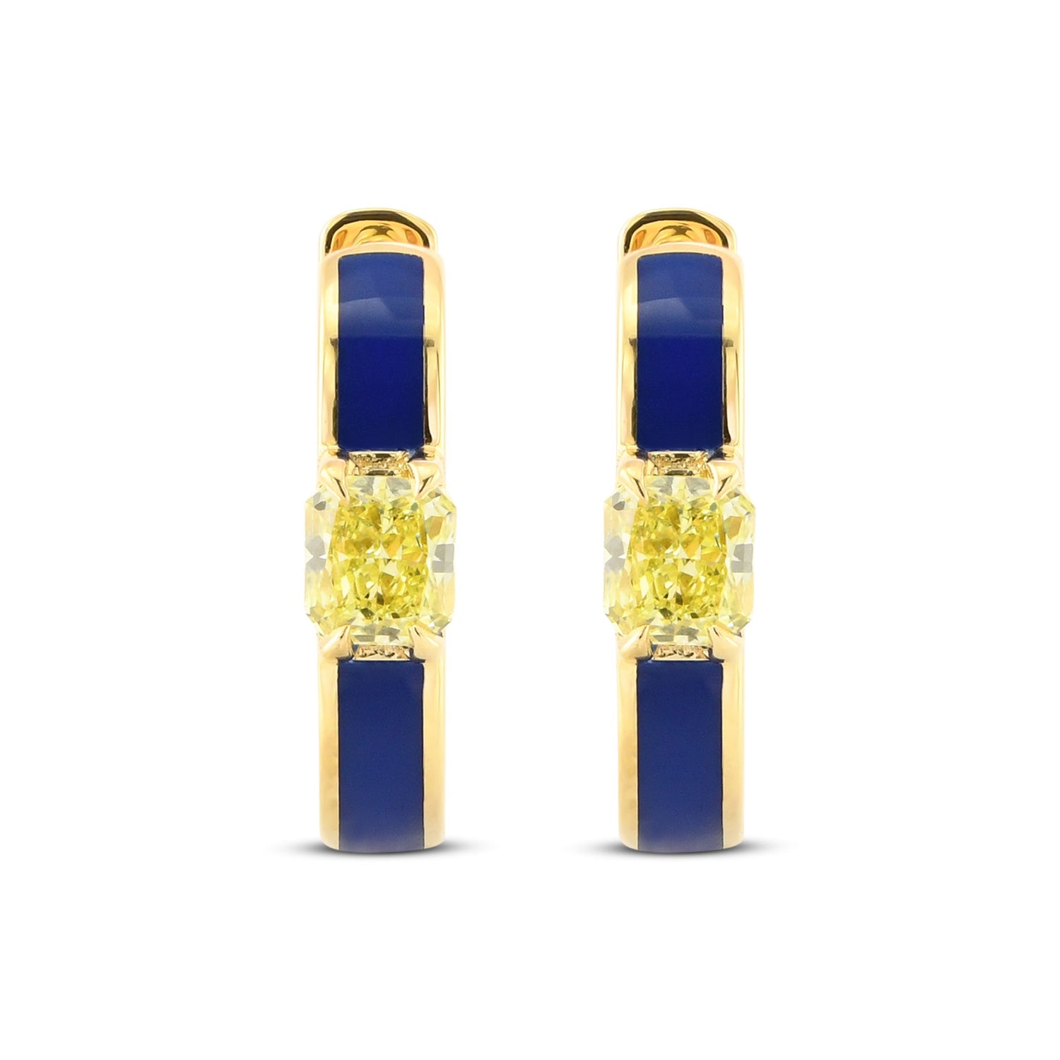 Radiant Fancy Yellow Diamond and Blue Enamel Hoop Earrings