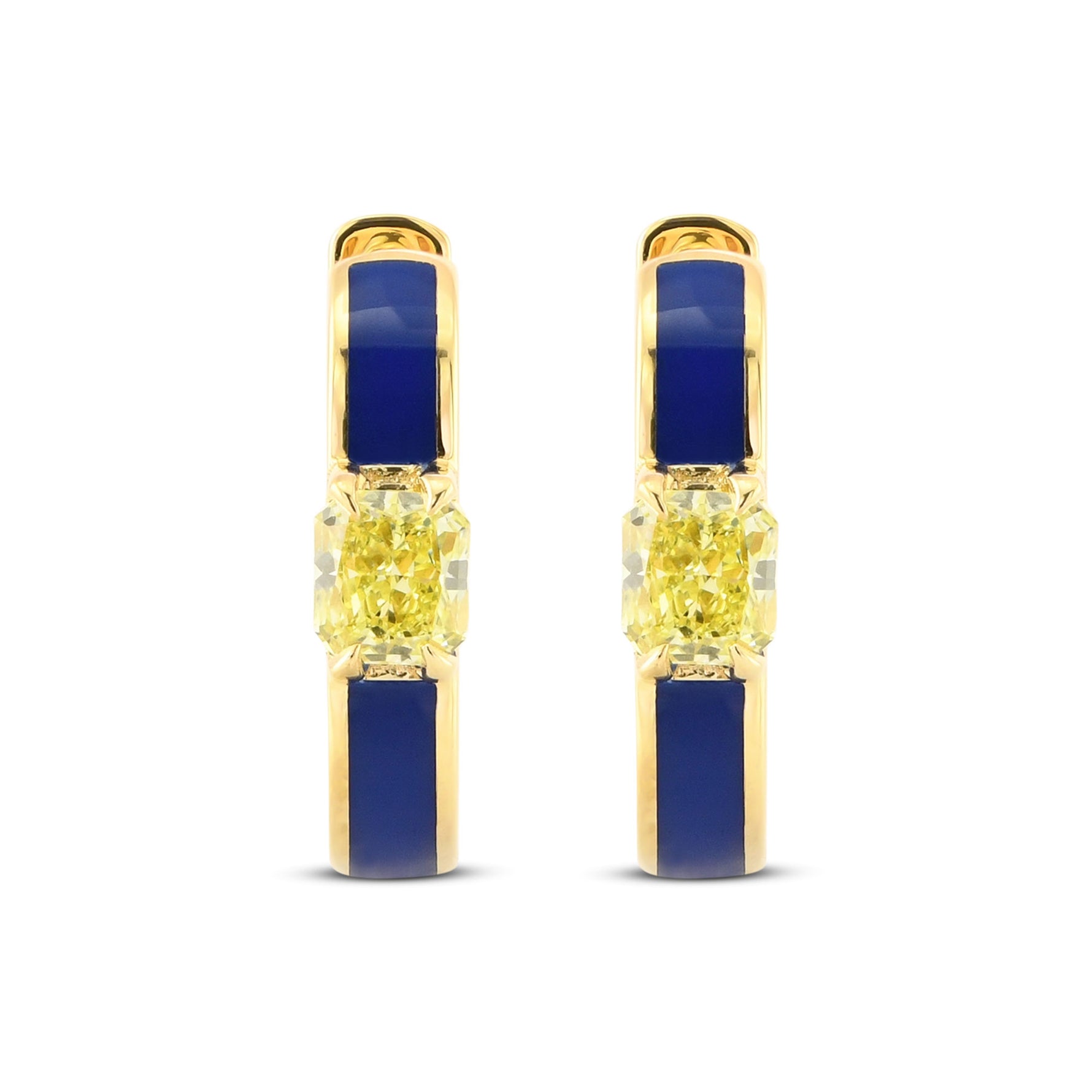 Radiant Fancy Yellow Diamond and Blue Enamel Hoop Earrings