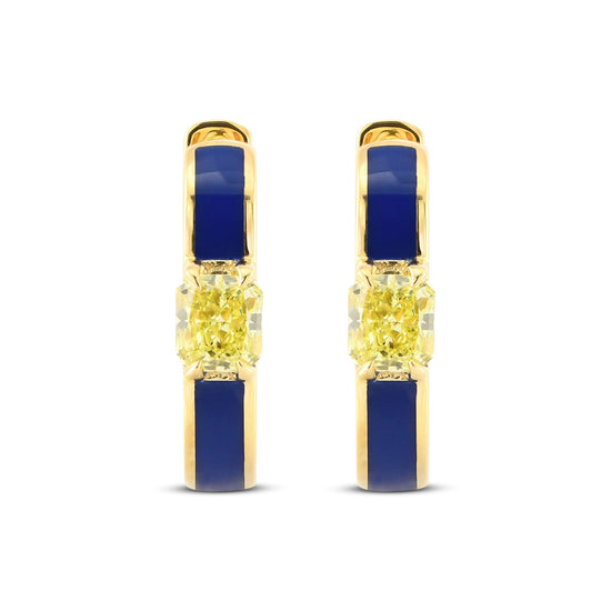 Radiant Fancy Yellow Diamond and Blue Enamel Hoop Earrings