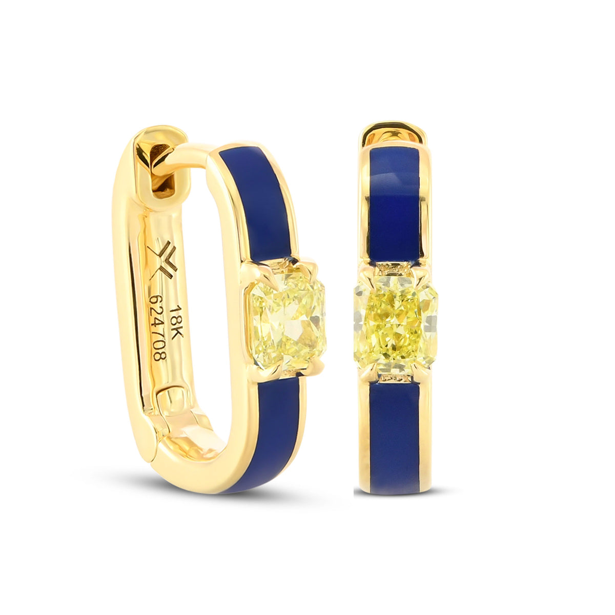 Radiant Fancy Yellow Diamond and Blue Enamel Hoop Earrings