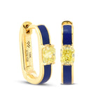 Radiant Fancy Yellow Diamond and Blue Enamel Hoop Earrings