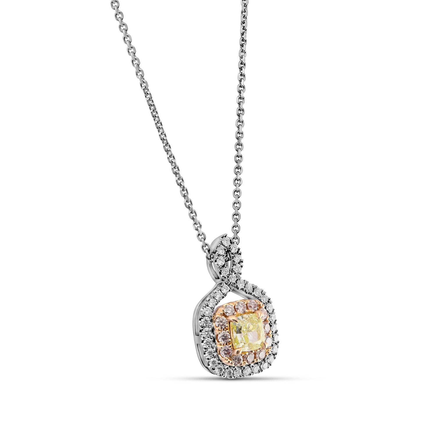 Light Green-Yellow Cushion Diamond Double Halo Pendant