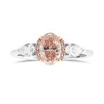 Fancy Orangy Pink Oval Diamond Semi-Halo Three-Stone Ring