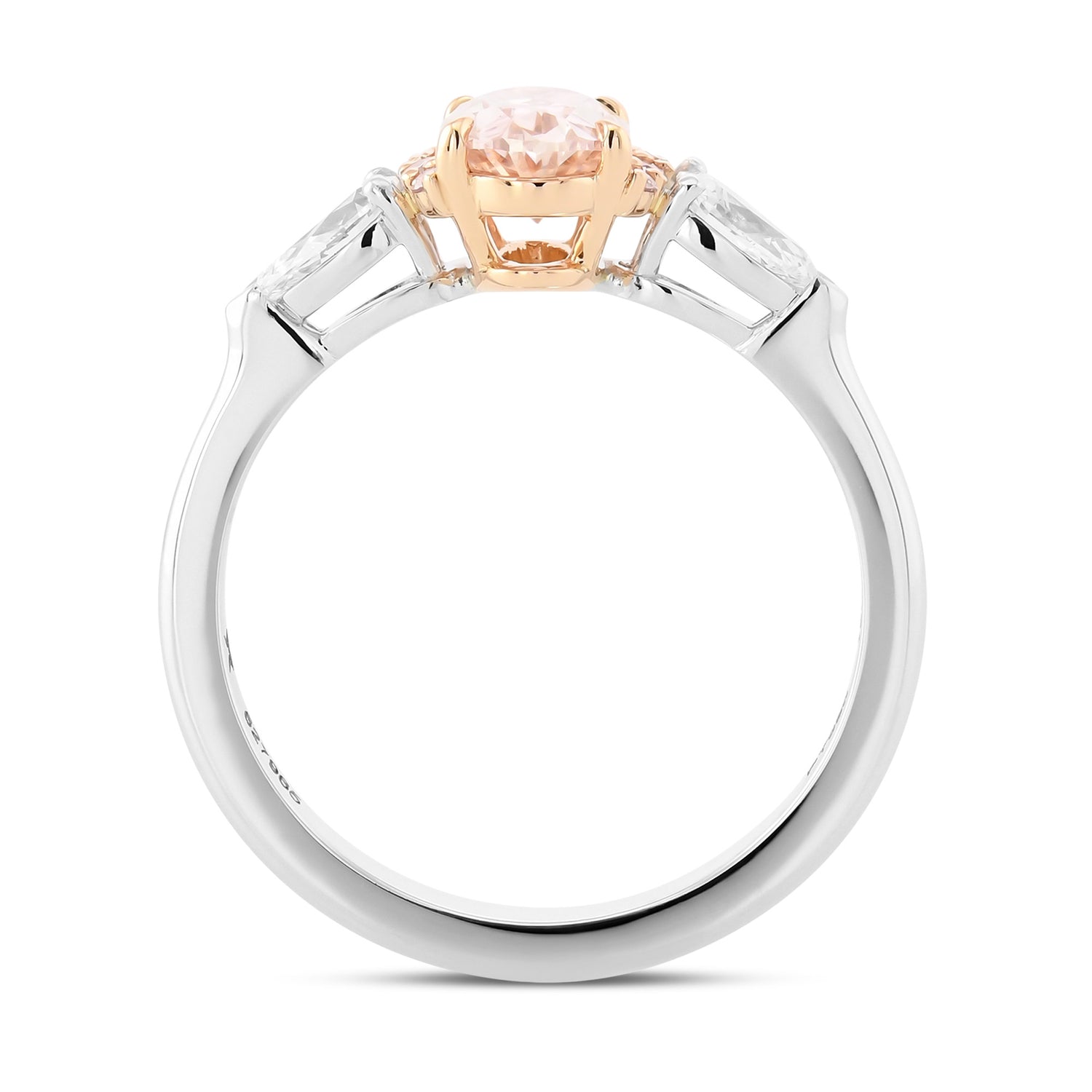 Fancy Orangy Pink Oval Diamond Semi-Halo Three-Stone Ring