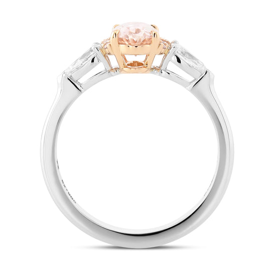 Fancy Orangy Pink Oval Diamond Semi-Halo Three-Stone Ring