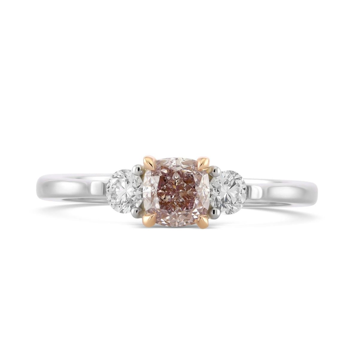 Fancy Brownish Pink Cushion & Round Diamond Three-stone Ring