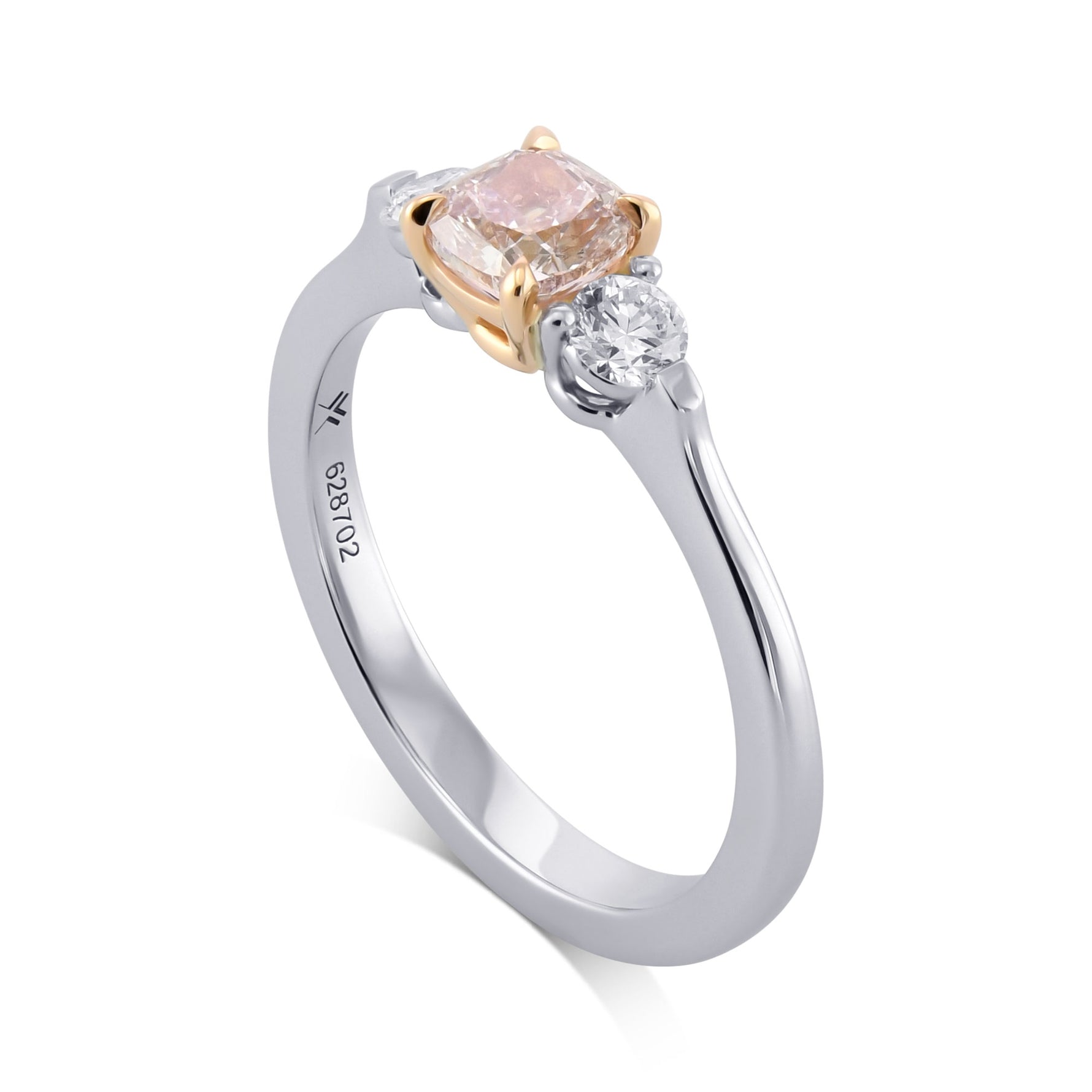 Fancy Brownish Pink Cushion & Round Diamond Three-stone Ring
