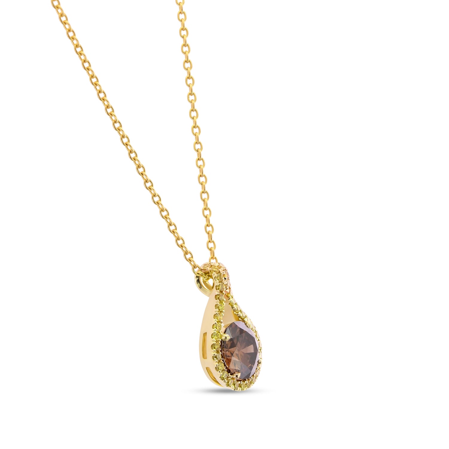 Round Fancy Dark Orangy-Brown Drop Halo Diamond Pendant