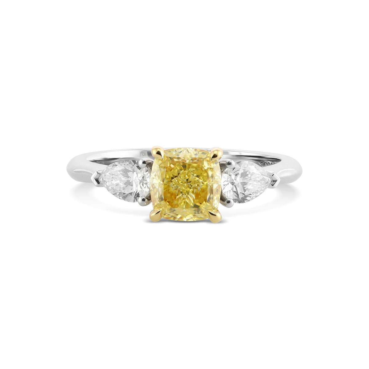 Fancy Yellow Cushion & Pear Three-Stone Diamond Ring
