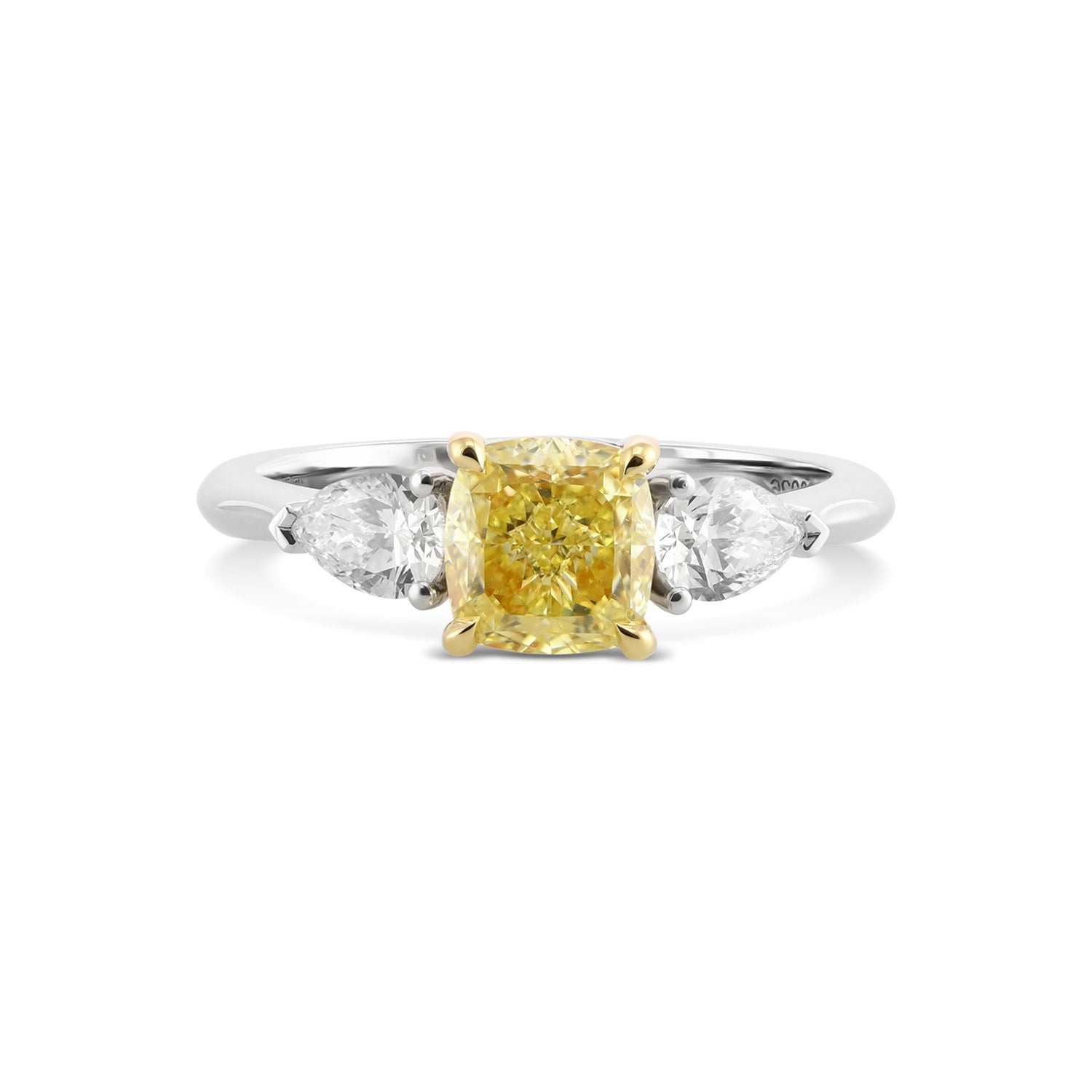 Fancy Yellow Cushion & Pear Three-Stone Diamond Ring
