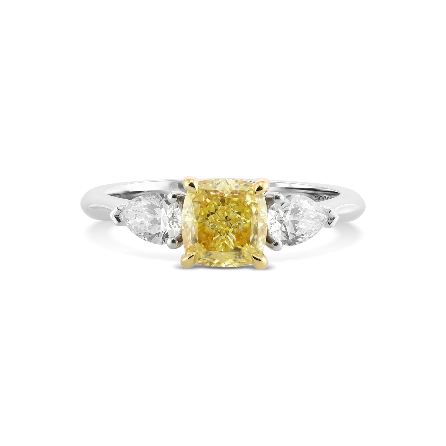 Fancy Yellow Cushion & Pear Three-Stone Diamond Ring