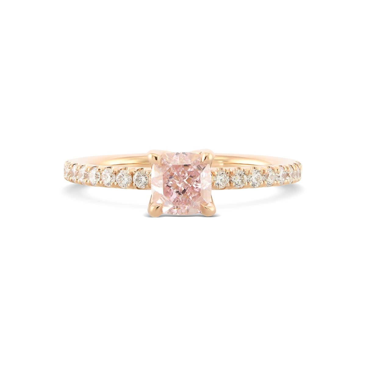  Fancy Pink Cushion Solitaire Side Stone Diamond Ring
