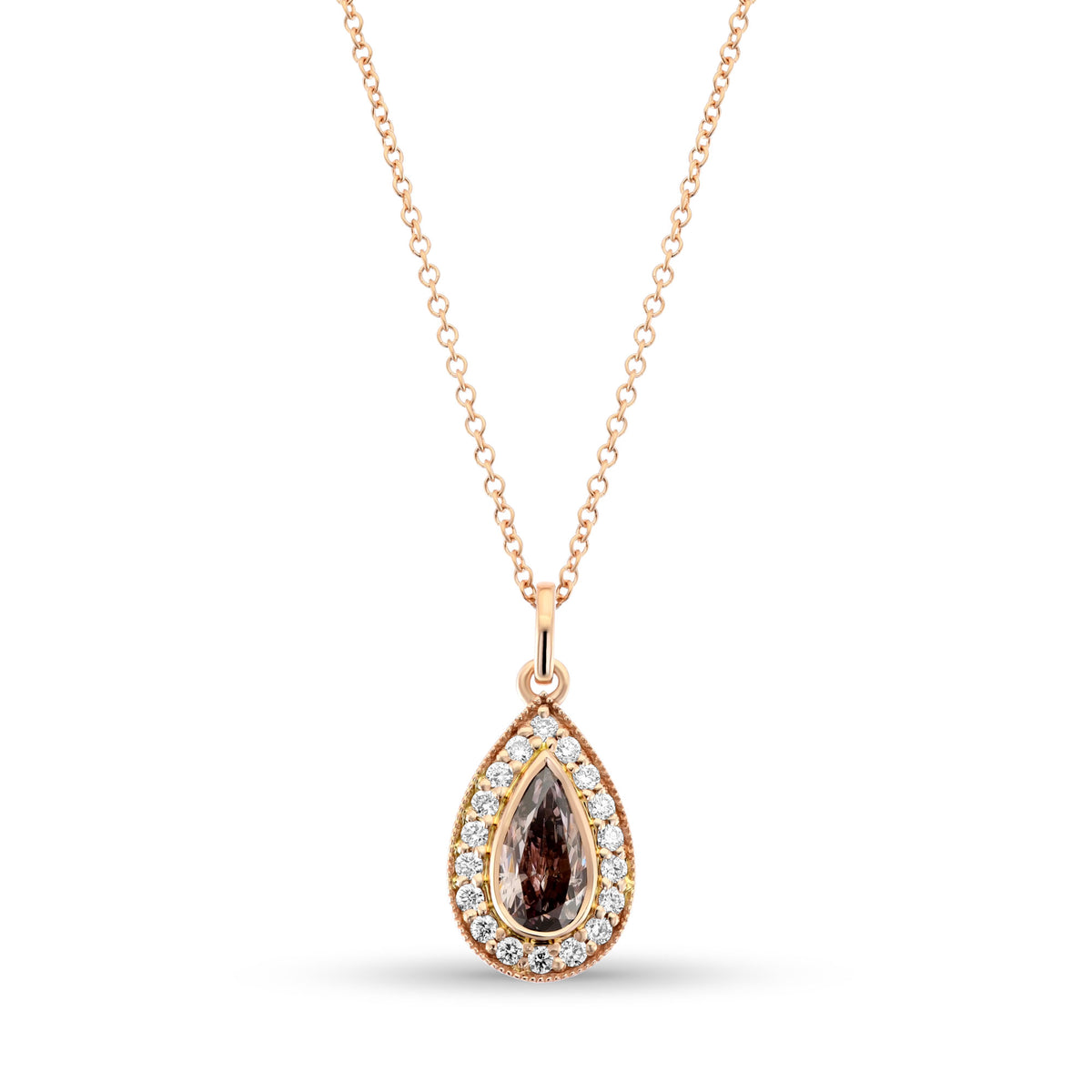 Fancy Pink Brown Pear Halo Diamond Pendant  