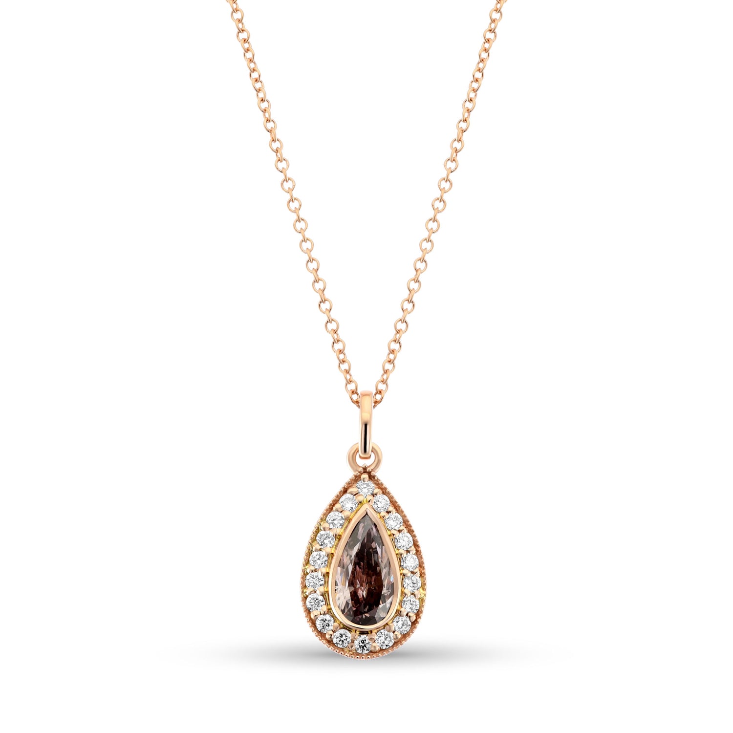 Fancy Pink Brown Pear Halo Diamond Pendant  