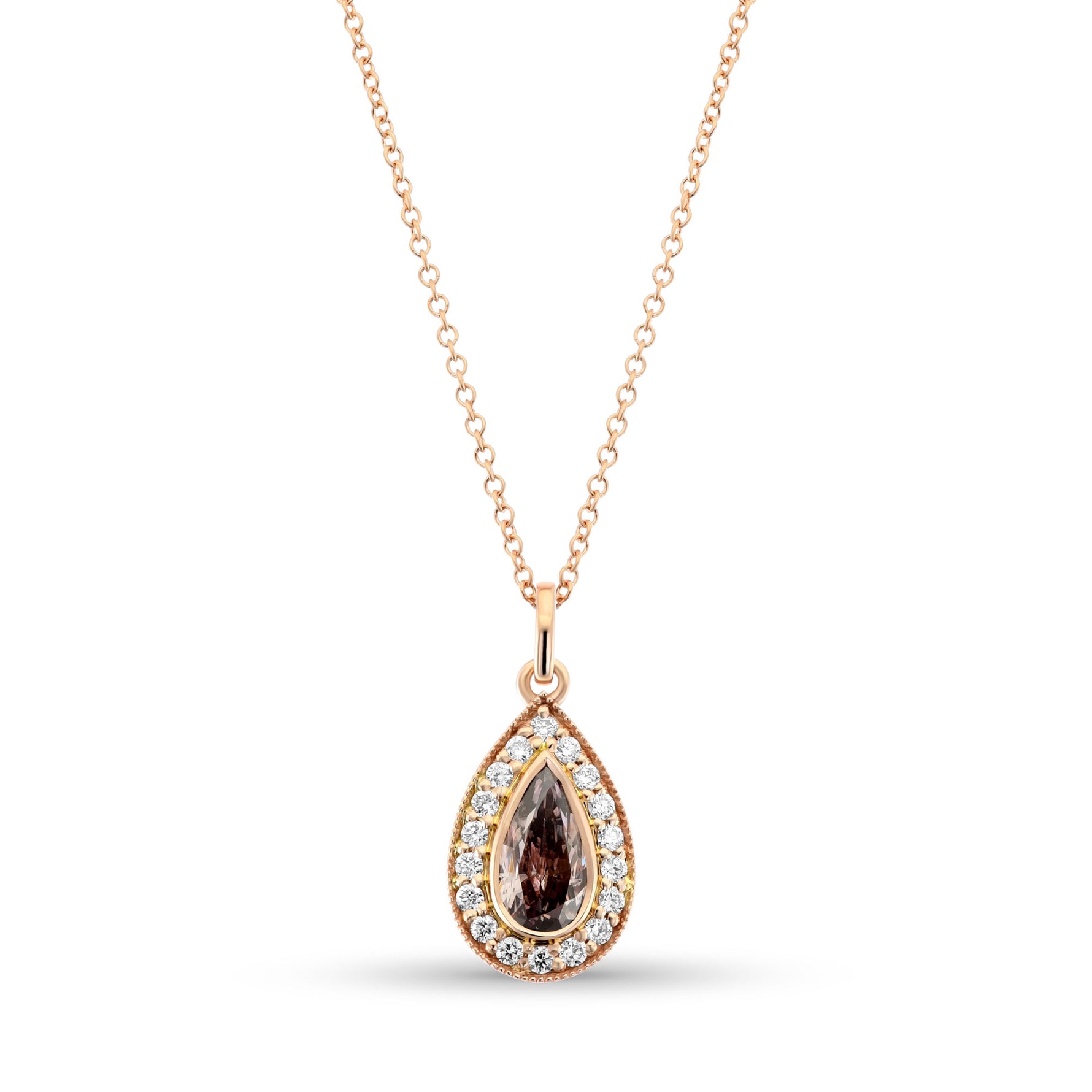 Fancy Pink Brown Pear Halo Diamond Pendant  