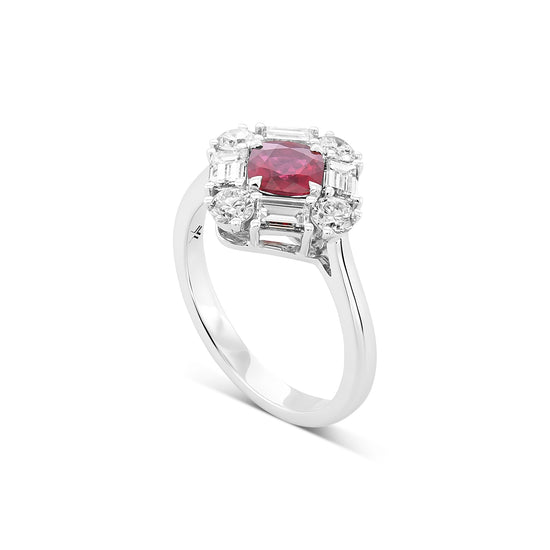 Cushion Red Ruby and Diamond Halo Ring