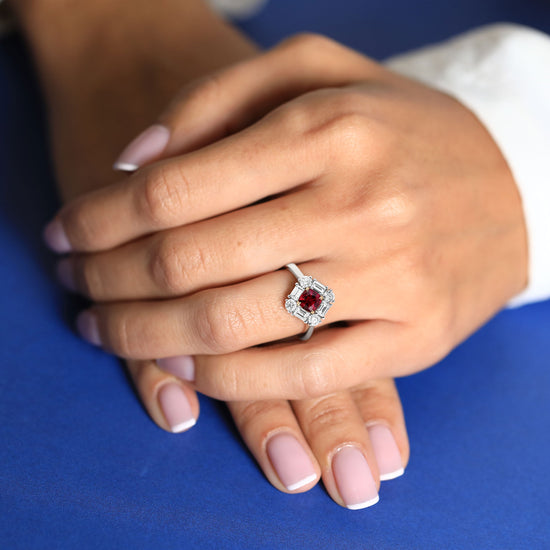 Cushion Red Ruby and Diamond Halo Ring