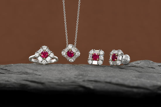 Cushion Red Ruby and Diamond Halo Ring