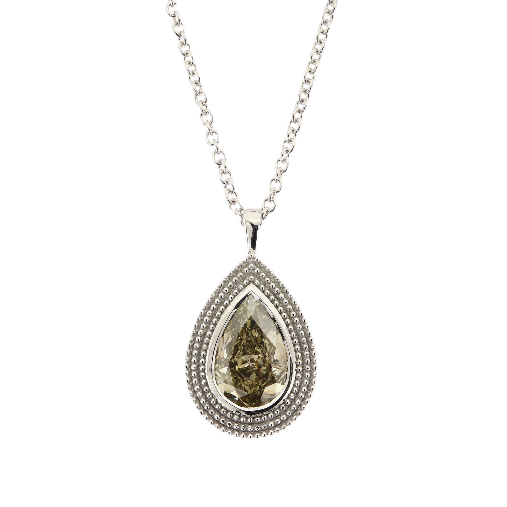 Fancy Dark Greenish Yellow Brown Pear Diamond Solitaire Pendant