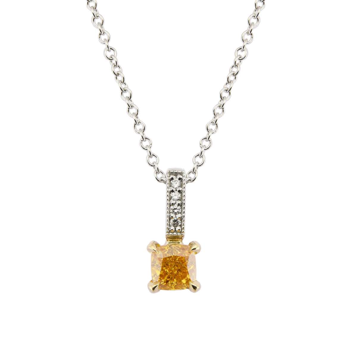 Fancy Vivid Yellow Orange Cushion Diamond Drop Pendant 