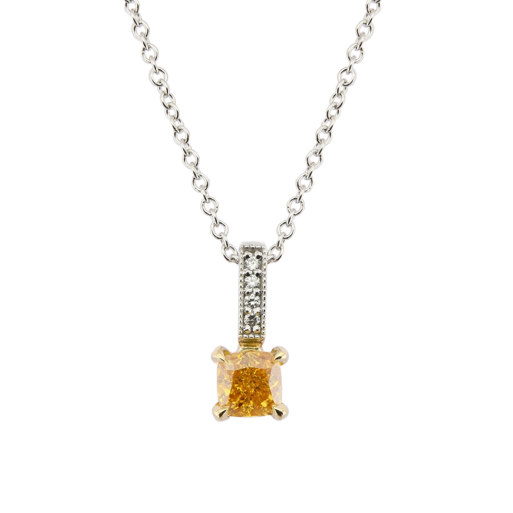 Fancy Vivid Yellow Orange Cushion Diamond Drop Pendant 